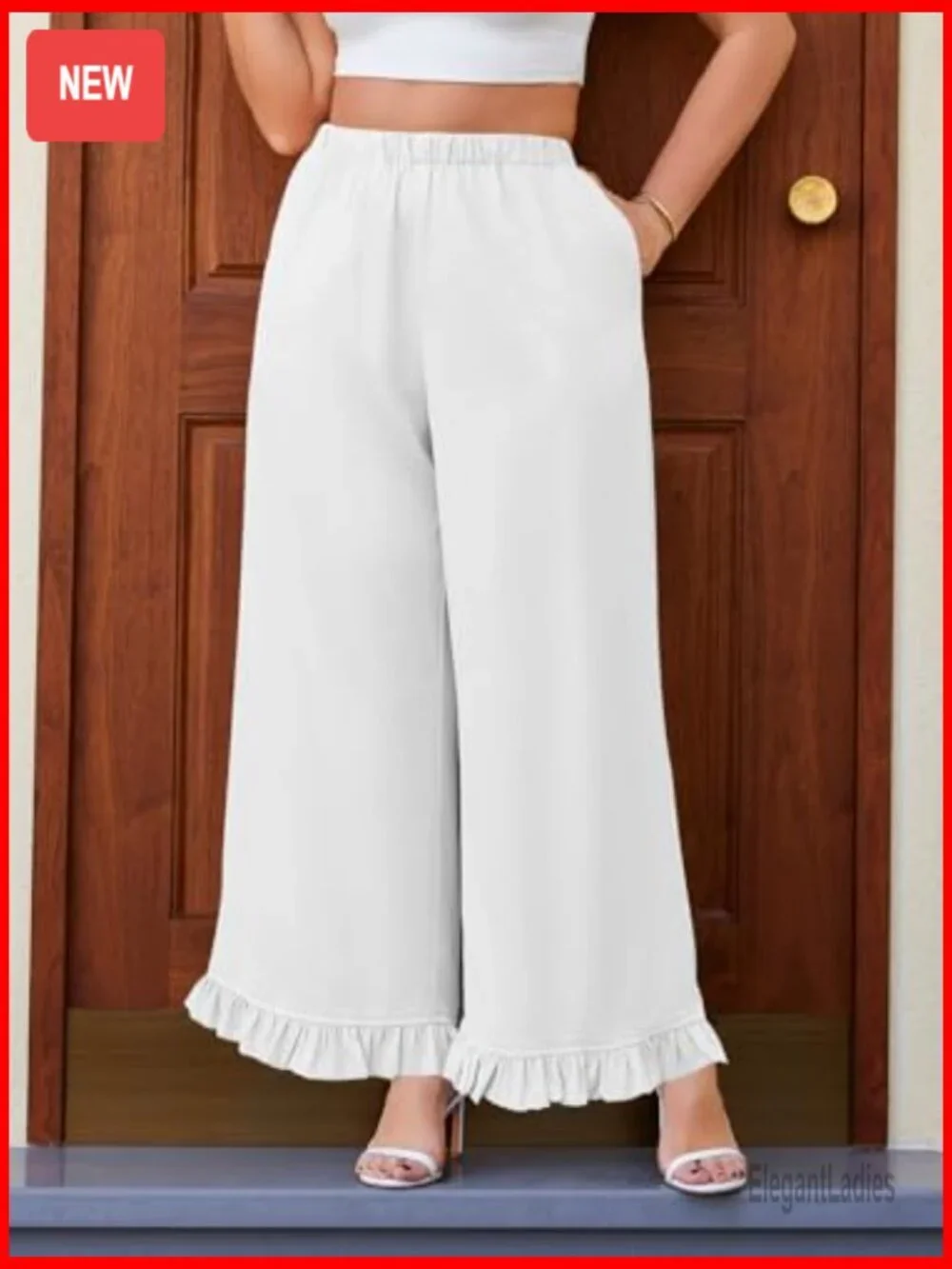 Plus Size High Waist Wide Leg Palazzo Pants with Pockets & Ruffle Hem